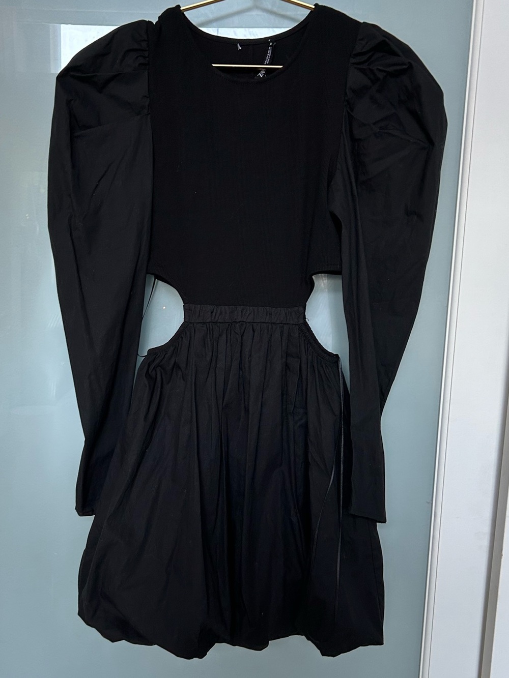 Zara Black Puff-Sleeve Mini Dress with Waist Cutouts NWT - Picture 10 of 12